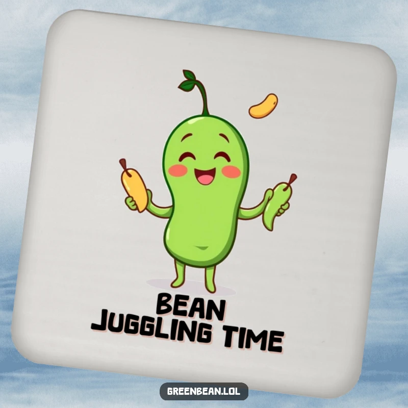 Funny Coaster featuring a cheerful green bean character joyfully juggling three other green beans, protecting your table.