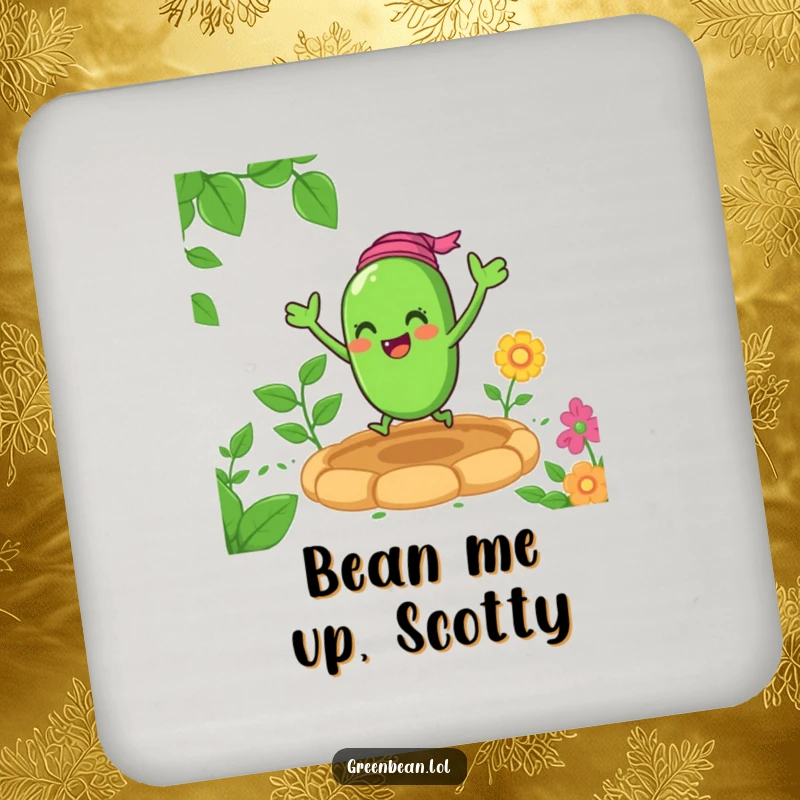 Funny green bean coaster depicting a cheerful character bouncing in a garden, providing humorous surface protection.