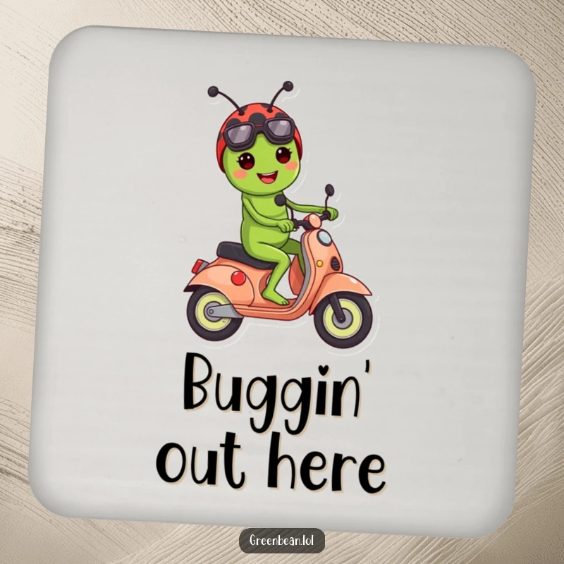 Funny drink coasters showcasing a green bean character riding a ladybug scooter, adding humor to tabletops.