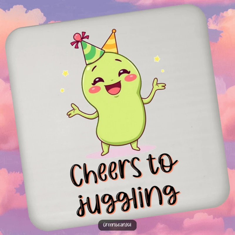 Funny juggling green bean coasters featuring a grinning green bean in a party hat, juggling, adding festive and humorous charm to table protection.