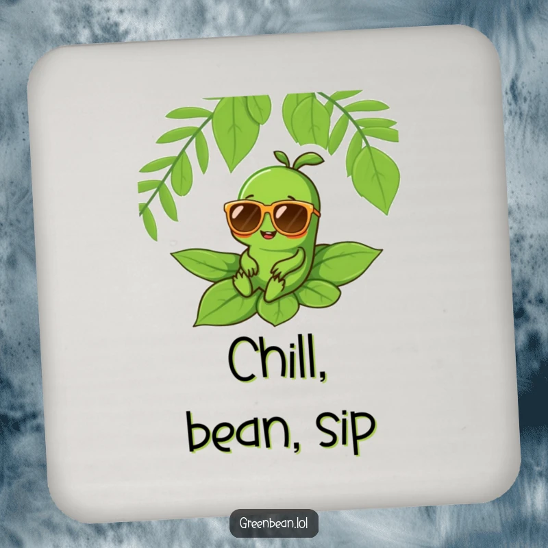 Funny drink coaster with a green bean character in oversized sunglasses relaxing on a leaf, adding cool humor to settings.