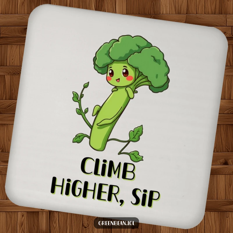 Funny Coasters depicting a determined green bean character climbing a broccoli stalk, protecting surfaces with ambition.