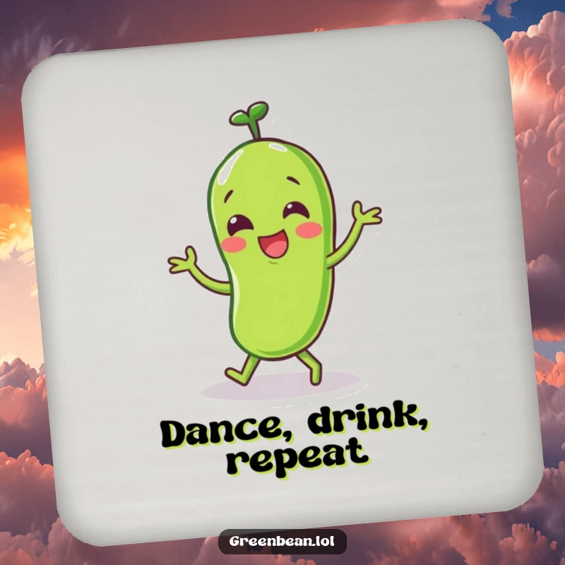 Funny Green Bean Drink Coaster with a happy character doing a little dance, adding joyful protection.