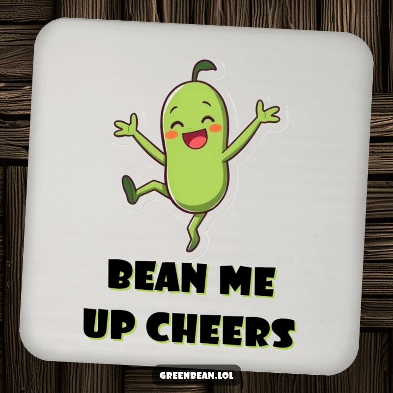 Funny Coaster Set: Smiling green bean character doing a joyful cartwheel, adding humorous protection to surfaces.