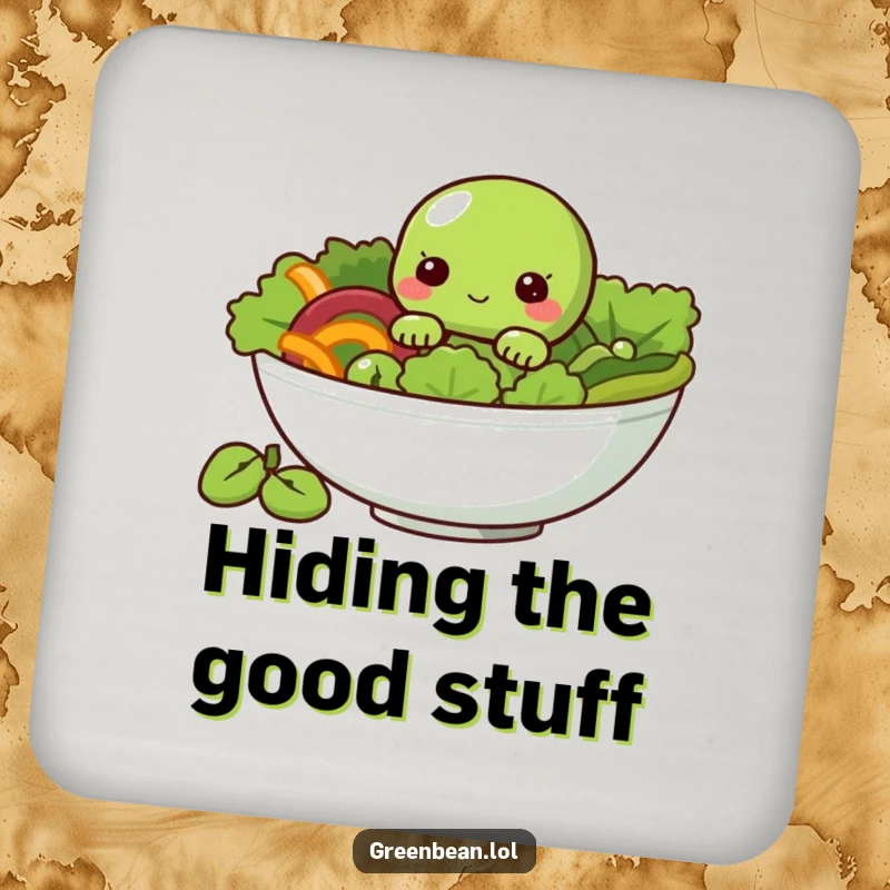 Funny Coasters depicting a shy green bean character peeking from a salad bowl, protecting surfaces with charm.