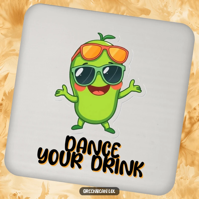 Funny coasters featuring a laughing green bean in oversized sunglasses striking a disco pose, adding flair to drinks.