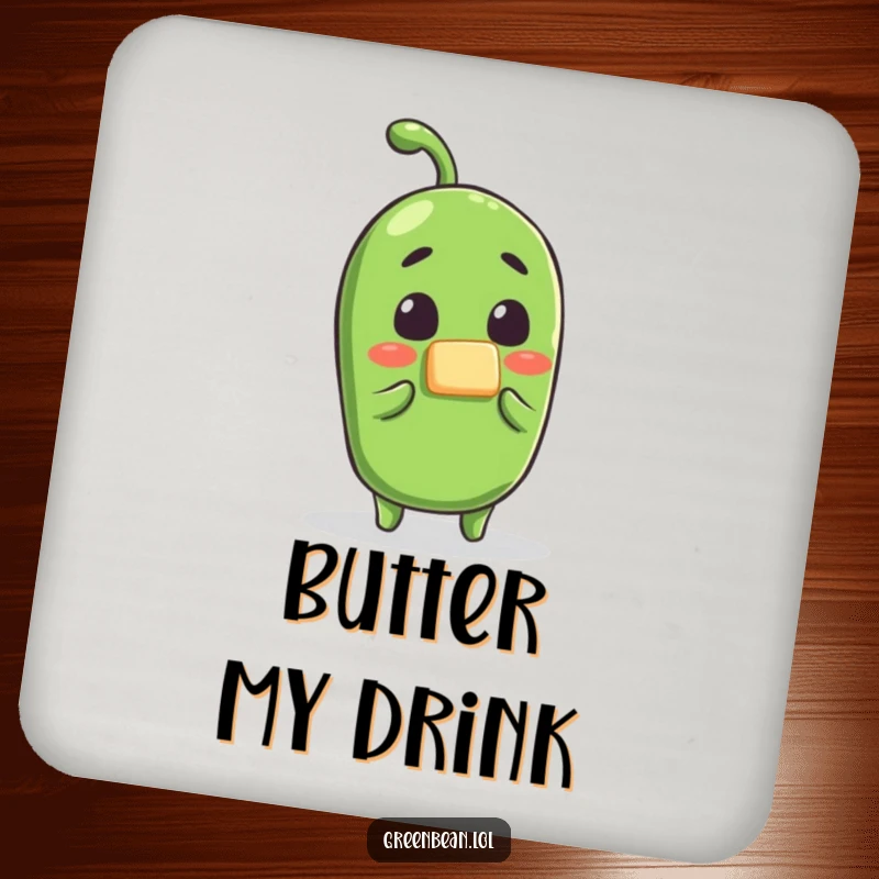 Funny green bean butter coasters, a surprised bean character as butter is applied, protective and humorous drink coasters for any table.