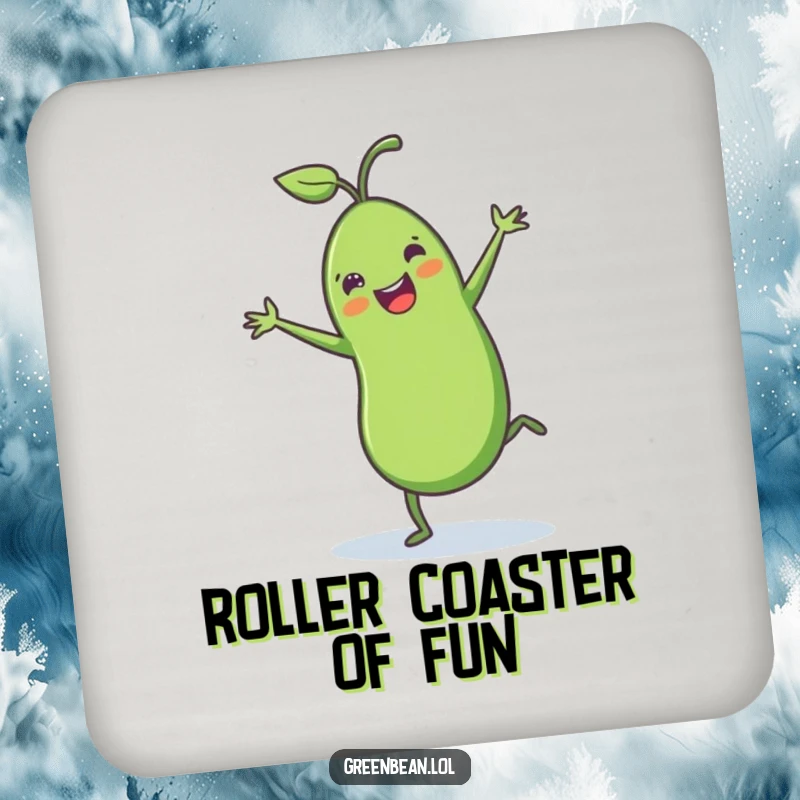 Funny green bean coasters displaying a cheerful green bean with tiny legs doing a joyful cartwheel, protecting surfaces with humorous charm.
