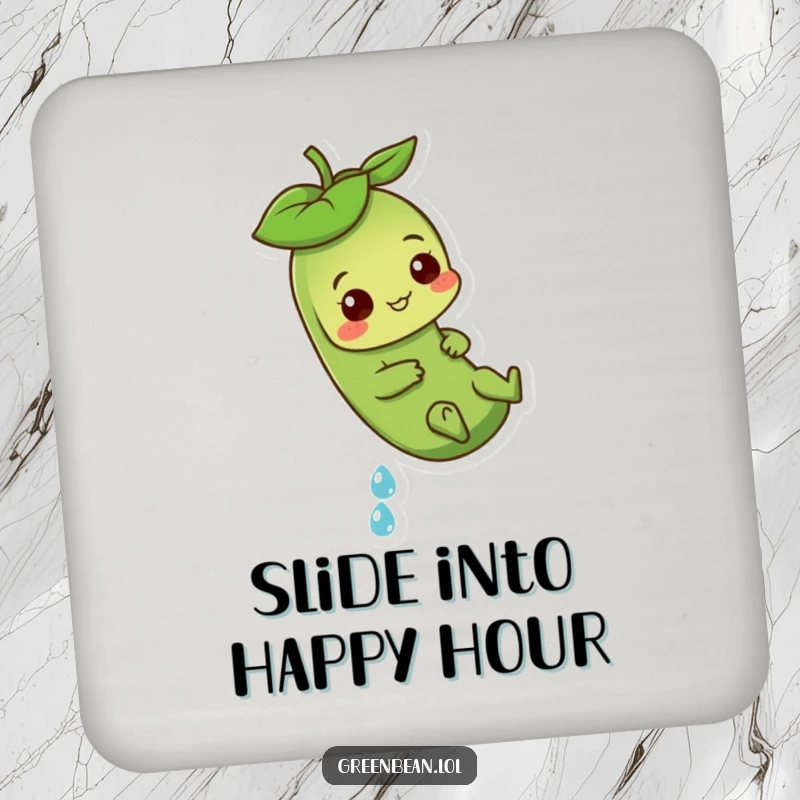 Funny Green Bean Drink Coaster with a playful character sliding down a dewdrop, adding playful charm.