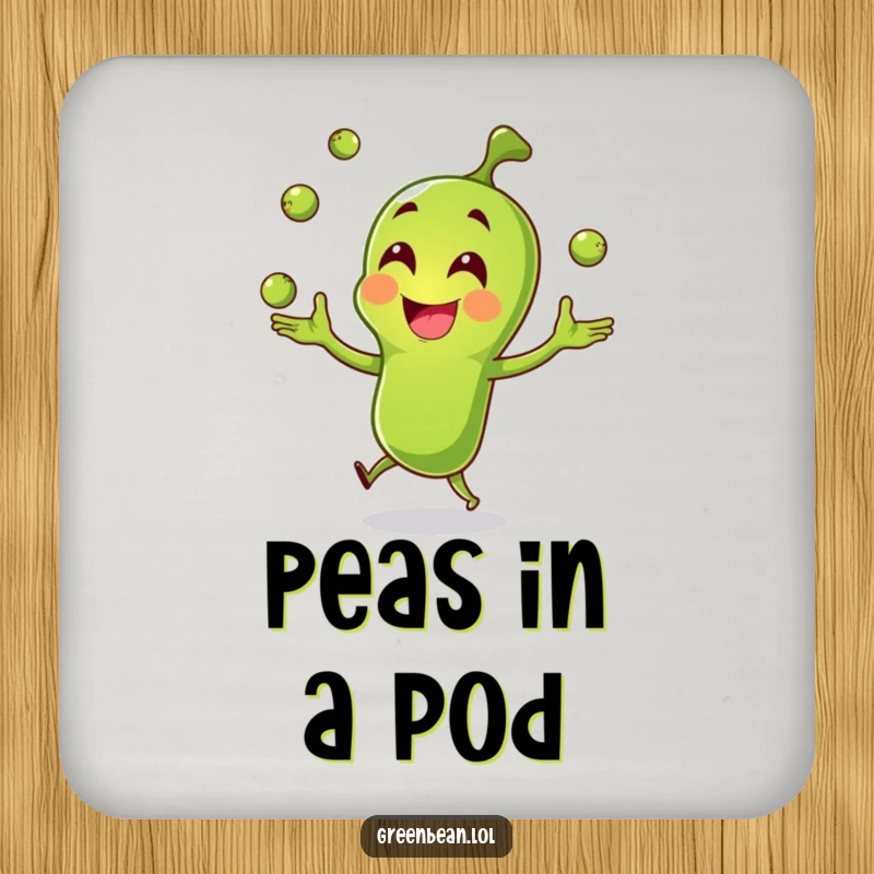 Funny green bean coaster, joyful character juggling peas, protecting surfaces from drinks, humorous and functional, funny gift.