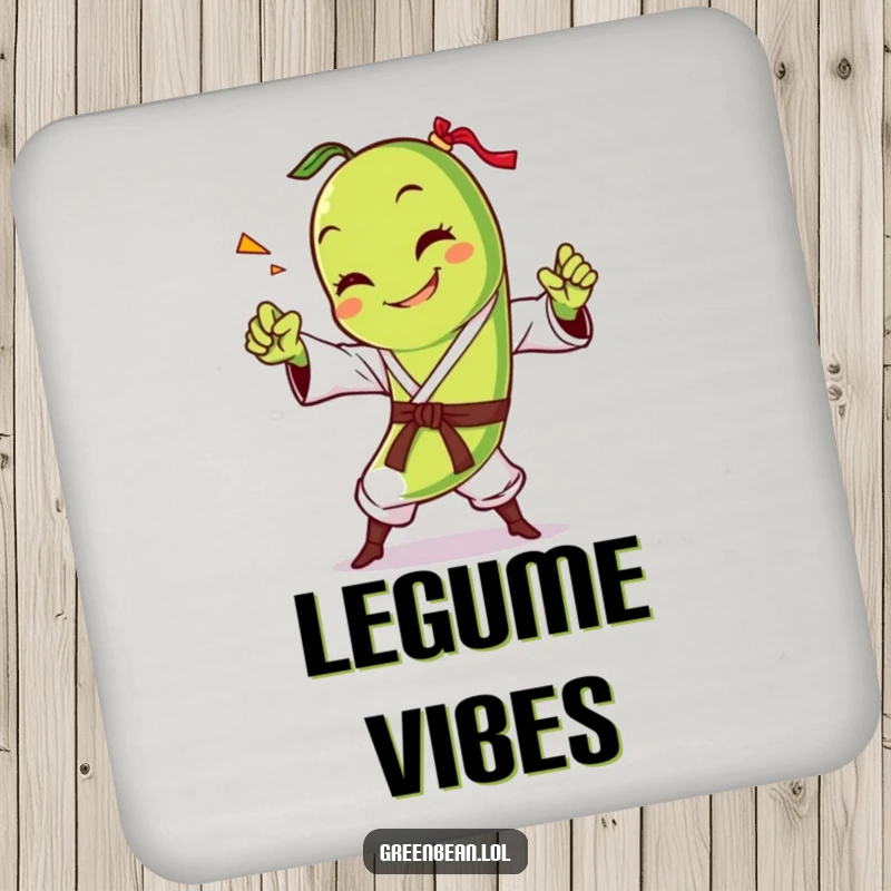 Funny green bean coaster featuring a smiling character performing a dramatic karate chop, offering protection and a dose of hilarious veggie action. Durable.