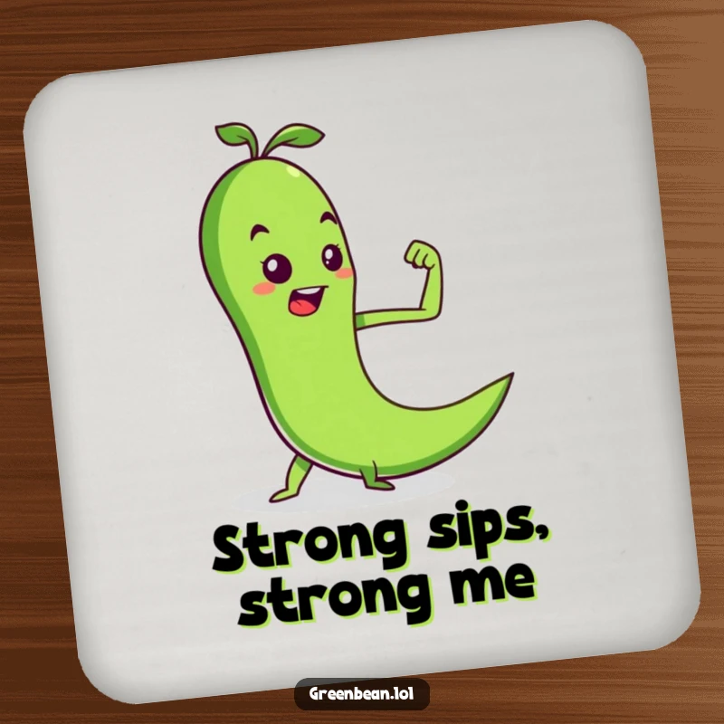 Funny drink coasters with a determined green bean flexing a pea muscle, protecting surfaces with strong humor, a great funny gift.