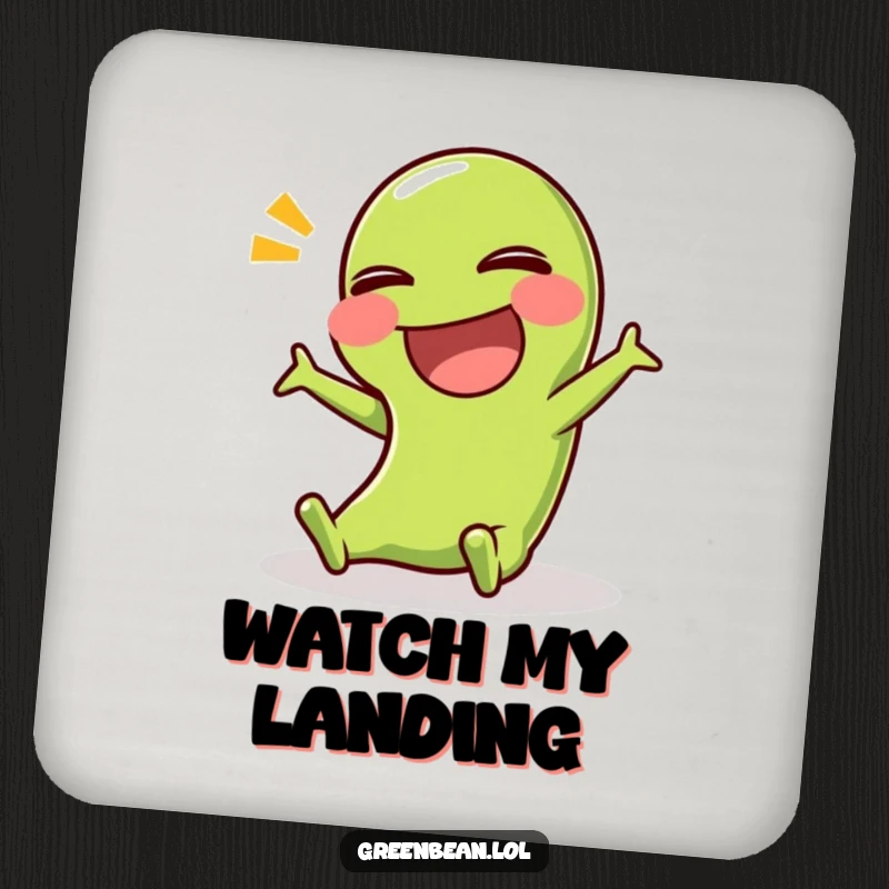 Funny coasters featuring a green bean character in a comical slip, protecting surfaces with a dose of vegetable humor.