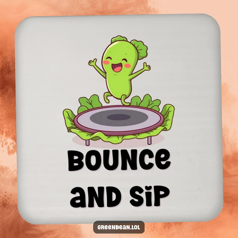 Funny drink coaster illustrating an excited green bean character bouncing on a lettuce trampoline, bringing playful decor.