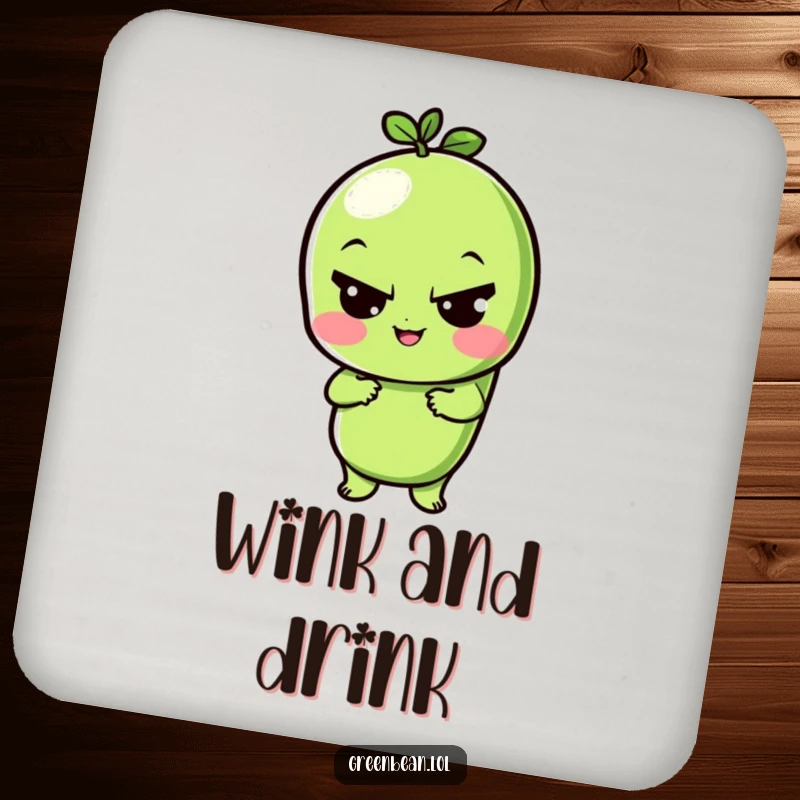 Funny drink coasters showcasing a playful green bean character giving a sly wink, adding cheeky humor to tabletops.