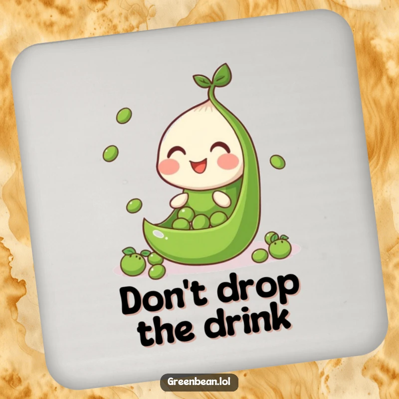 Funny drink coaster featuring a green bean segment juggling peas, adding playful charm and surface protection.