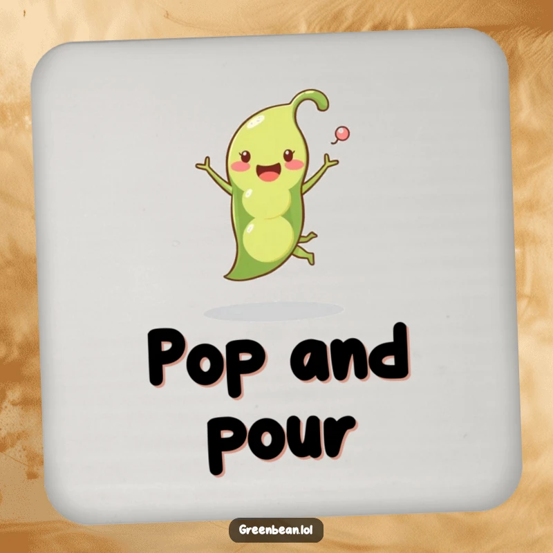 Funny pea pod coasters showing a happy pea pod leaping with peas popping out, adding humorous vegetable charm to table protection.