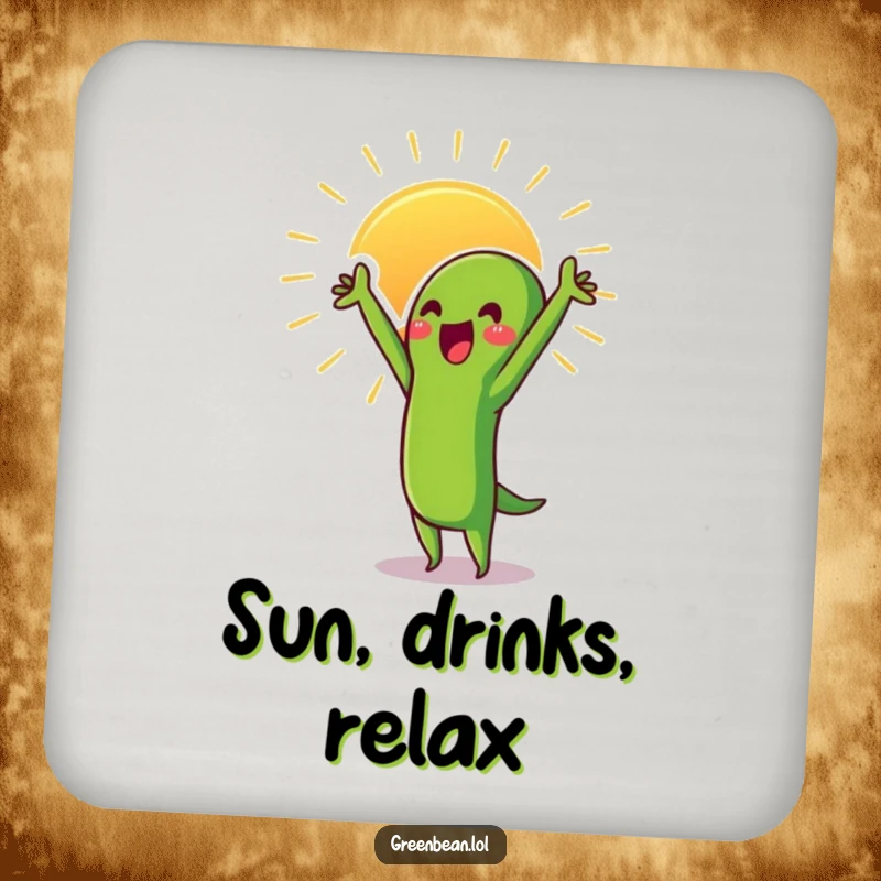 Funny Green Bean Drink Coaster with a proud character stretching towards the sun, adding inspirational protection.