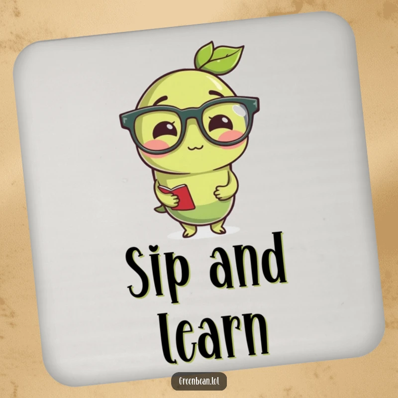 Funny studious green bean wearing reading glasses, a set of decorative and humorous drink coasters.