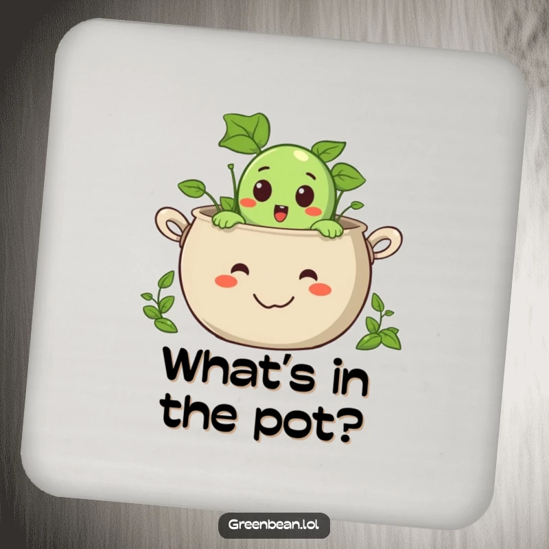 Funny coasters featuring a surprised green bean character peeking out of a smiling pot, protecting surfaces.