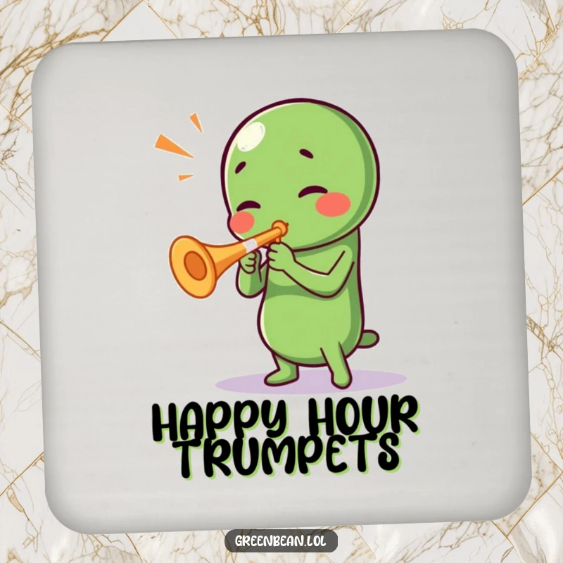 Funny Green Bean Coaster: A humorous coaster featuring a green bean character playing a tiny trumpet, protecting surfaces with musical charm.