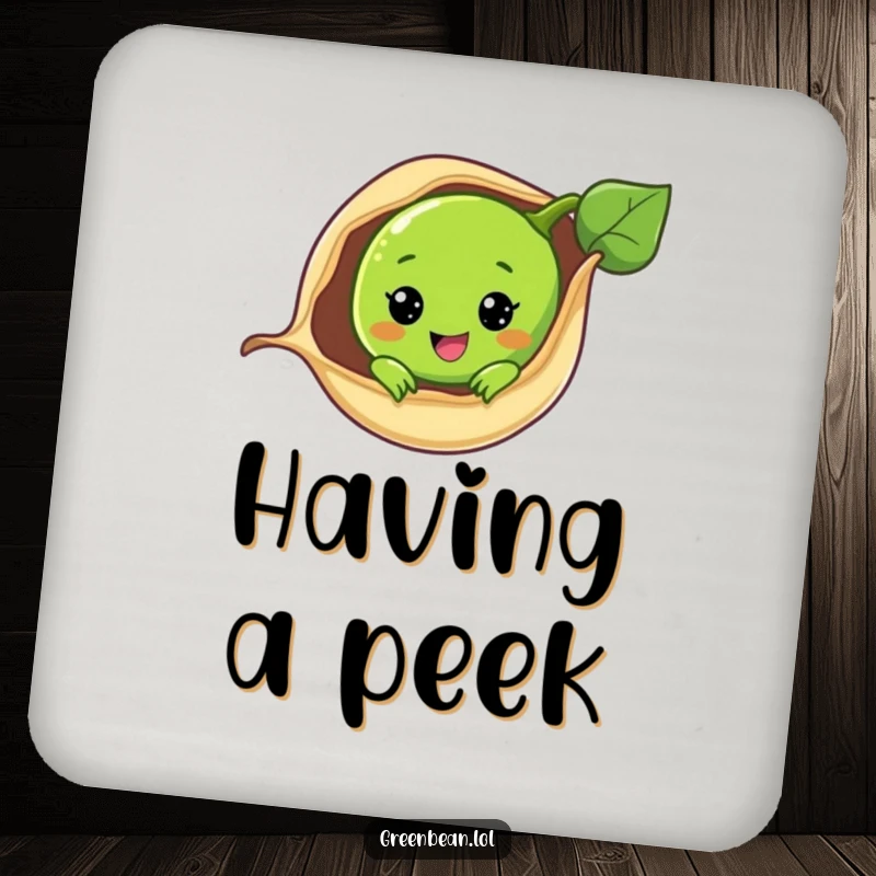Funny coasters featuring a green bean peeking from its pod, adding a touch of sweetness and vegetable humor.