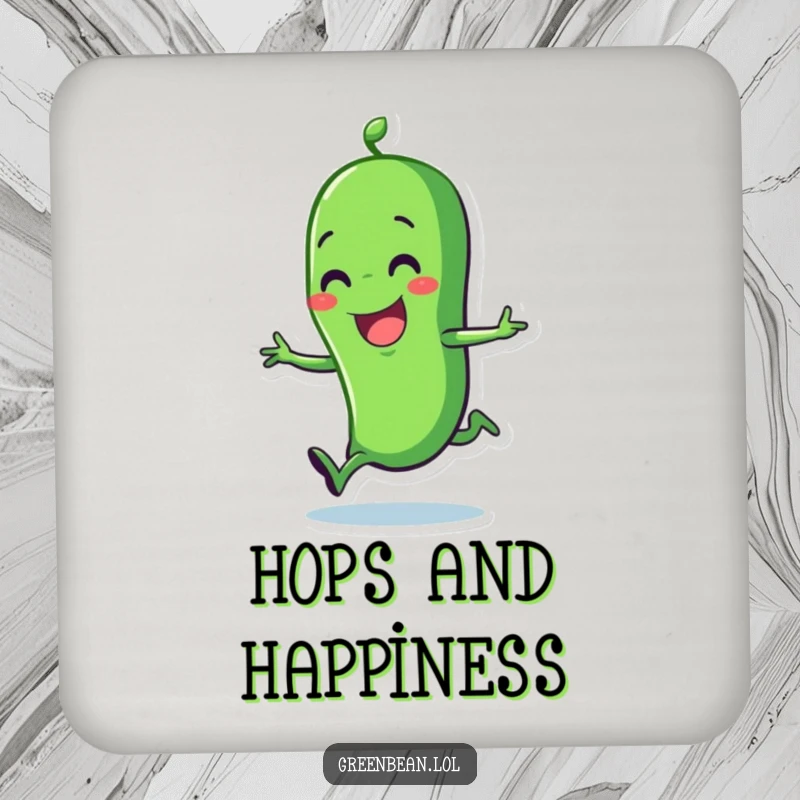Funny green bean drink coaster with a happy character doing a joyful hop. Adds charm and protection.