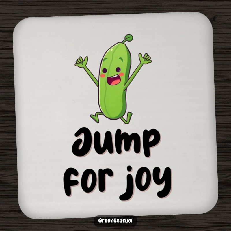 Funny Coaster set featuring a determined green bean character doing a triumphant leap, perfect for protecting surfaces with motivational humor, a delightful funny gift.