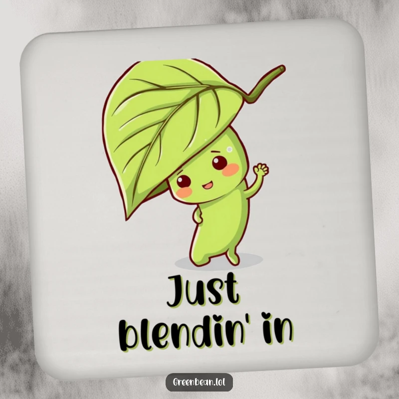Funny green bean coaster depicting a mischievous character hiding behind a leaf, providing humorous and playful surface protection.