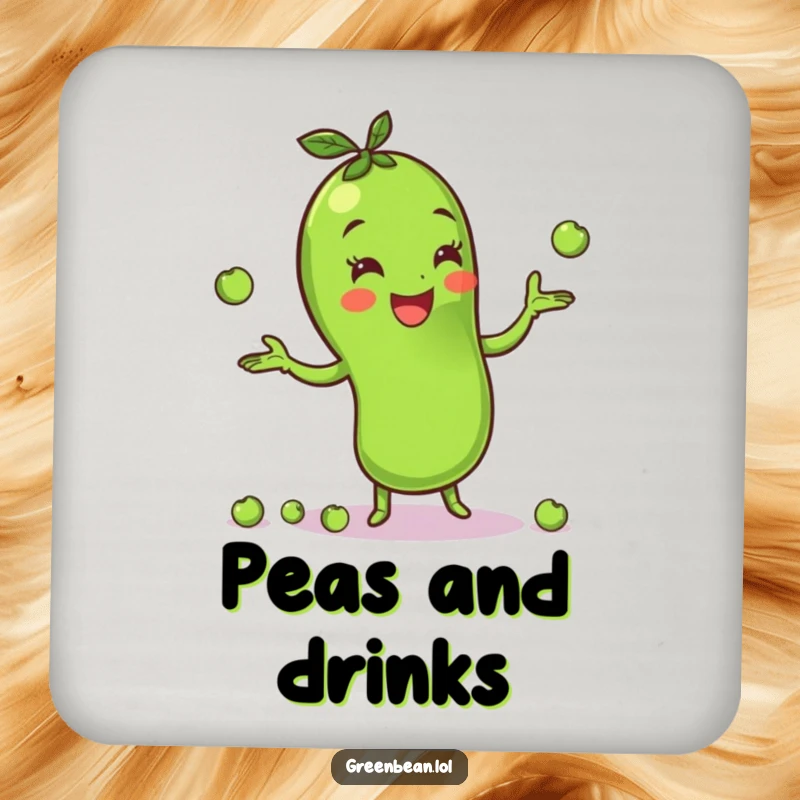 Funny green bean coaster featuring a cheerful character happily juggling peas, offering protection with a charming and playful veggie theme. Protective.