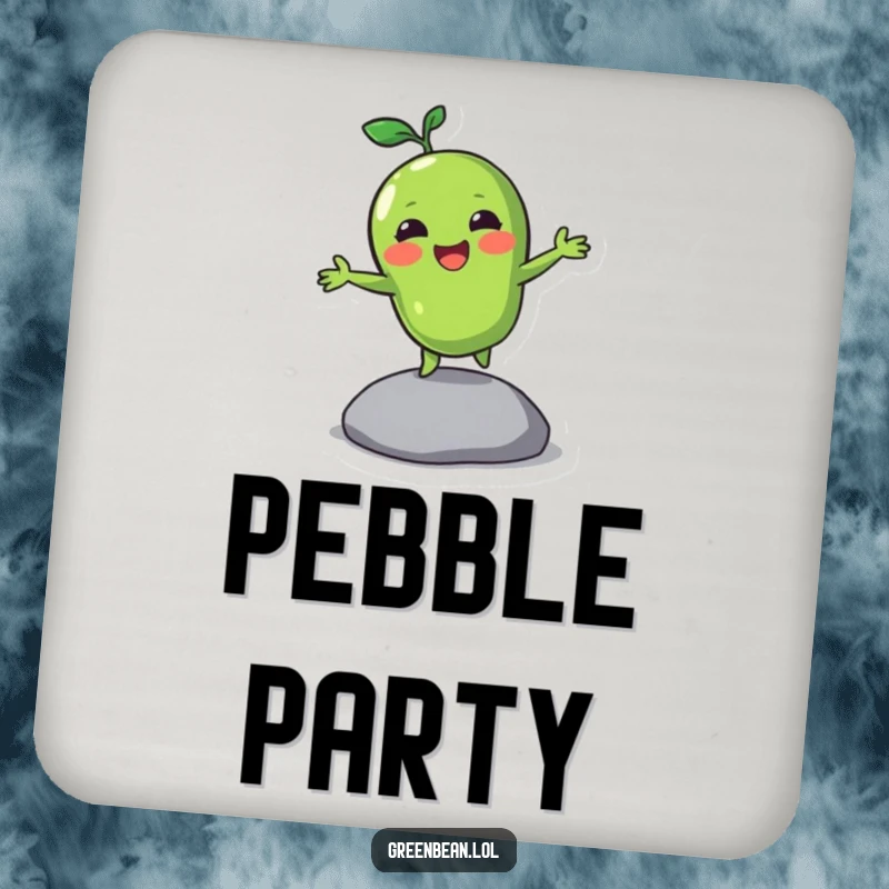 Funny coasters featuring a green bean character bouncing on a pebble, adding a touch of energetic vegetable humor.