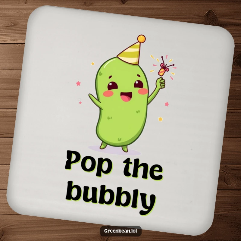 Funny drink coasters featuring a gleeful green bean character celebrating with a tiny party popper, adding festive humor.