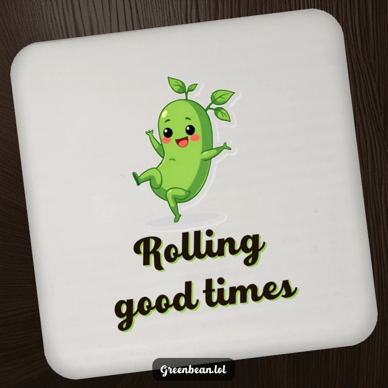 Funny drink coasters featuring a cheerful green bean doing a cartwheel with leafy tops trailing, protecting surfaces.