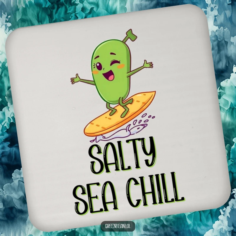 Funny green bean character winking and surfing a potato chip on a protective and humorous drink coaster.