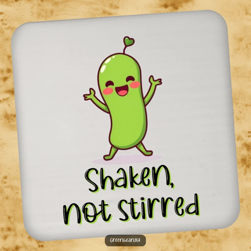 Funny coaster with a green bean character doing a lively shimmy dance. Humorous protection for tables.