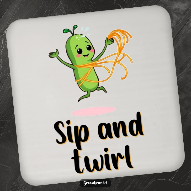 Funny drink coaster illustrating an energetic green bean character dancing with spaghetti, adding playful decor.