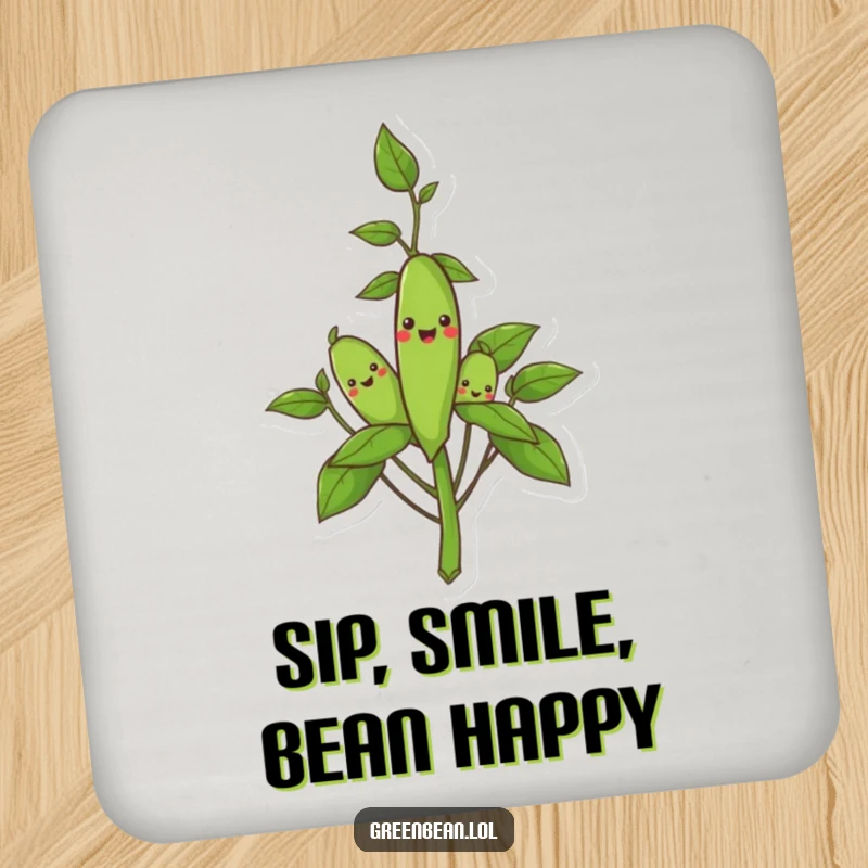 Funny drink coaster depicting a smiling green bean plant, adding humorous garden charm to any beverage setting.