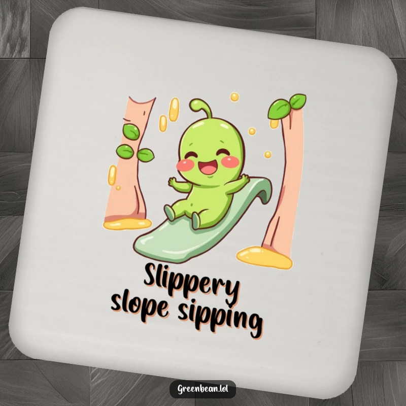 Funny Coasters depicting a giggling green bean character sliding down a gravy slide, protecting surfaces with humor.