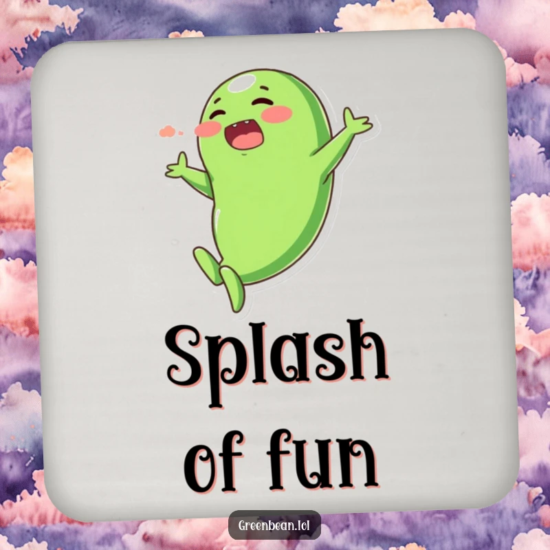 Funny drink coasters featuring a plump, blushing green bean character in a dramatic, exaggerated dive, protecting surfaces.