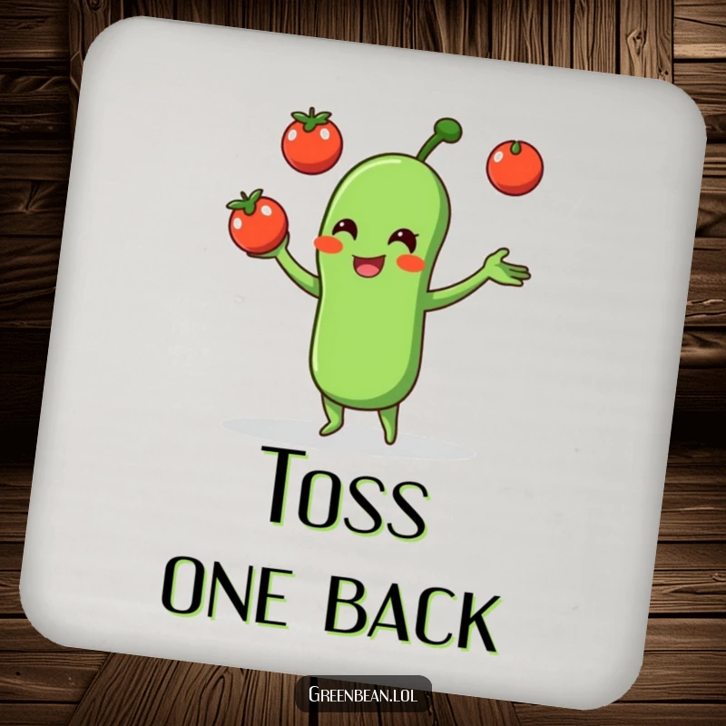 Funny drink coasters featuring a green bean character juggling tomatoes, adding humor to any tabletop.