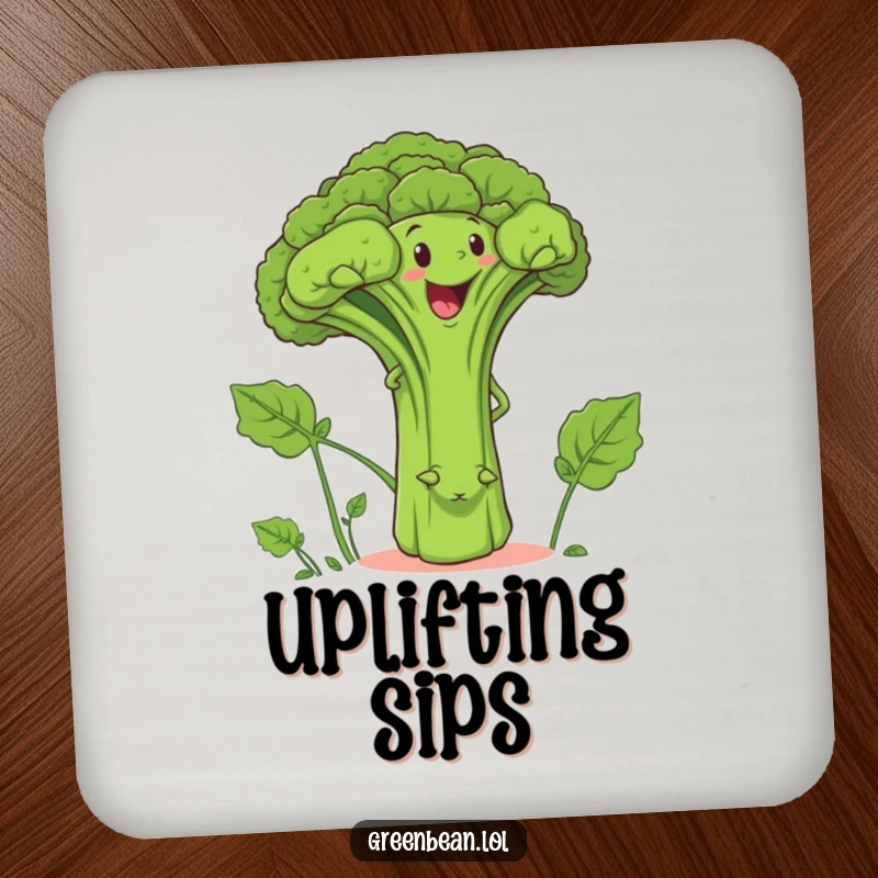 Funny coasters featuring a determined green bean character climbing a smiling broccoli stalk, adding humor to drink service.