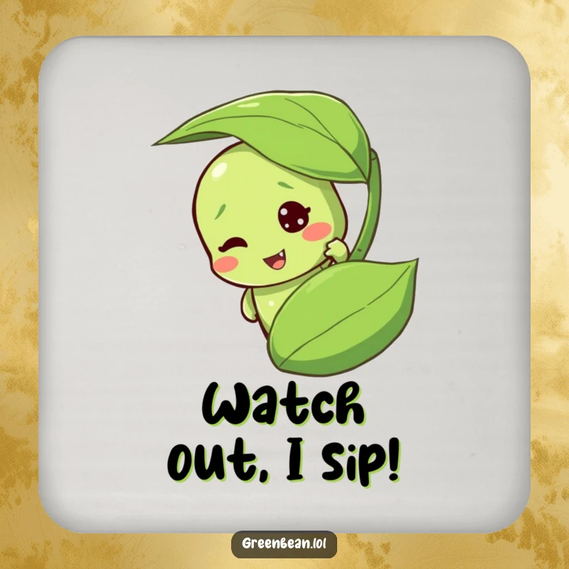 Funny green bean drink coaster with a mischievous character peeking playfully from foliage. Adds humor to surfaces.
