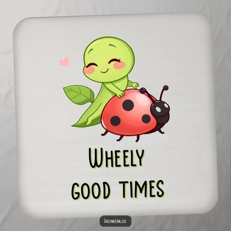 Funny green bean winking playfully while riding a ladybug, a set of decorative and humorous drink coasters.