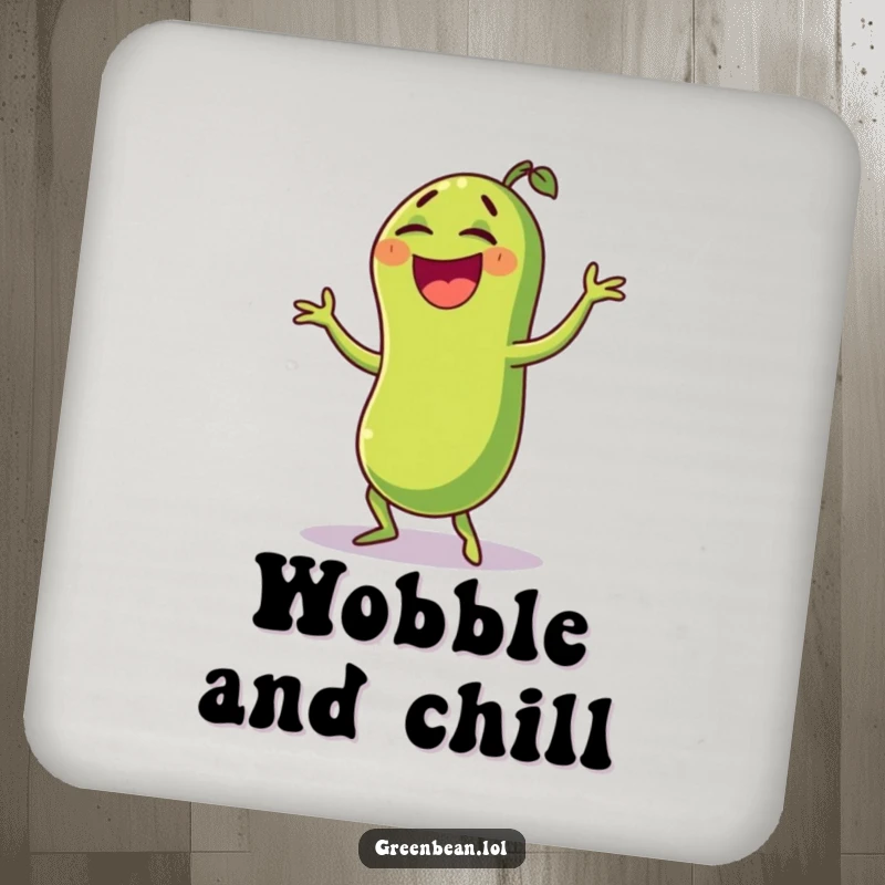 Funny green bean coaster featuring a laughing character doing a funny wobble dance, offering protection with a charming and playful veggie theme. Protective.