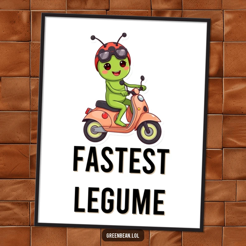 Funny poster art of a happy green bean character riding a ladybug like a scooter, bringing joy to any wall.