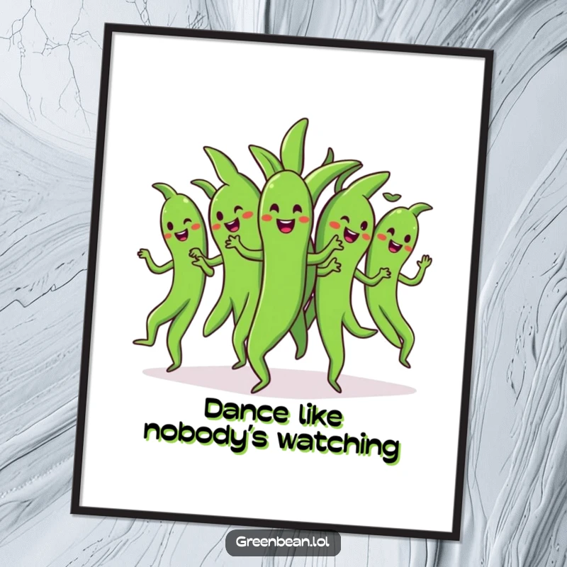 Funny dancing green beans poster of a bunch of cheerful green beans doing a synchronized dance, creating vibrant and humorous group wall art.