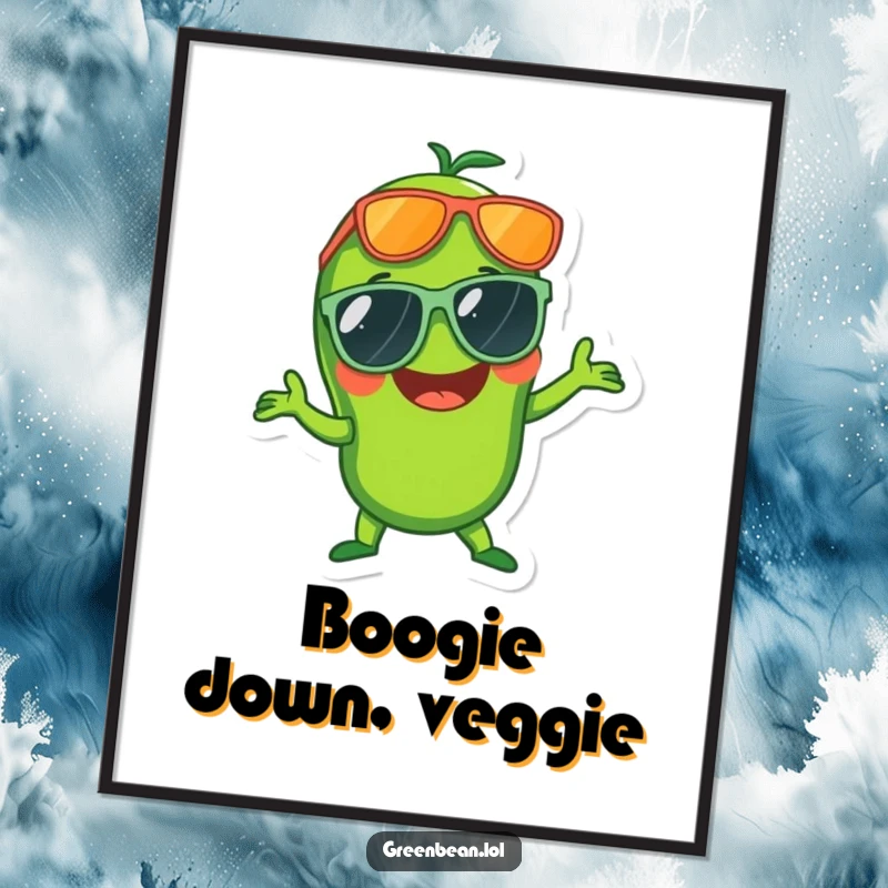 Funny poster showcasing a laughing green bean in oversized sunglasses striking a disco pose, vibrant and energetic.