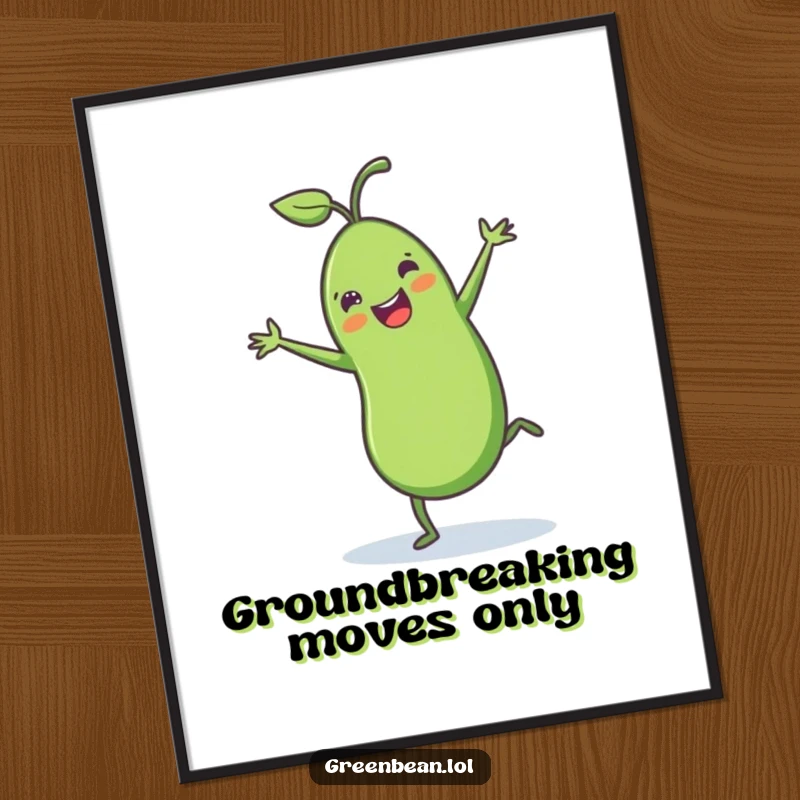 Funny green bean poster featuring a cheerful green bean with tiny legs performing a joyful cartwheel, adding a humorous and dynamic touch to decor.