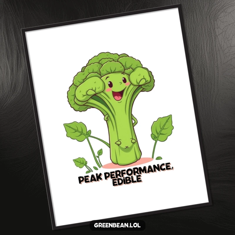 Funny poster print of a determined green bean character scaling a giant, smiling broccoli stalk, a humorous illustration.