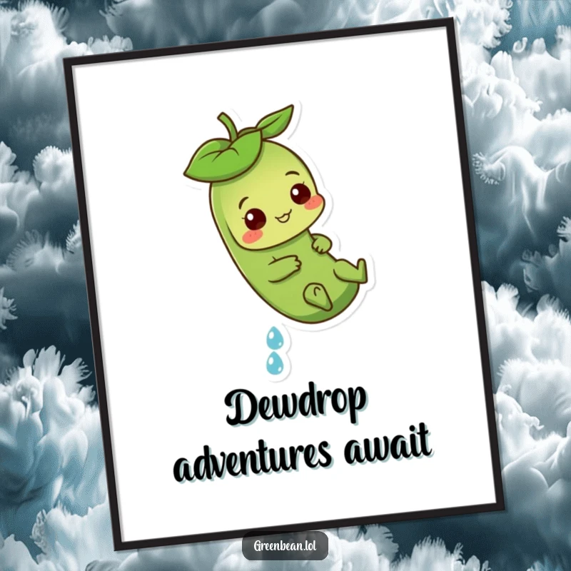 Funny Green Bean Poster featuring a playful character sliding down a dewdrop, capturing a moment of pure, joyful adventure.